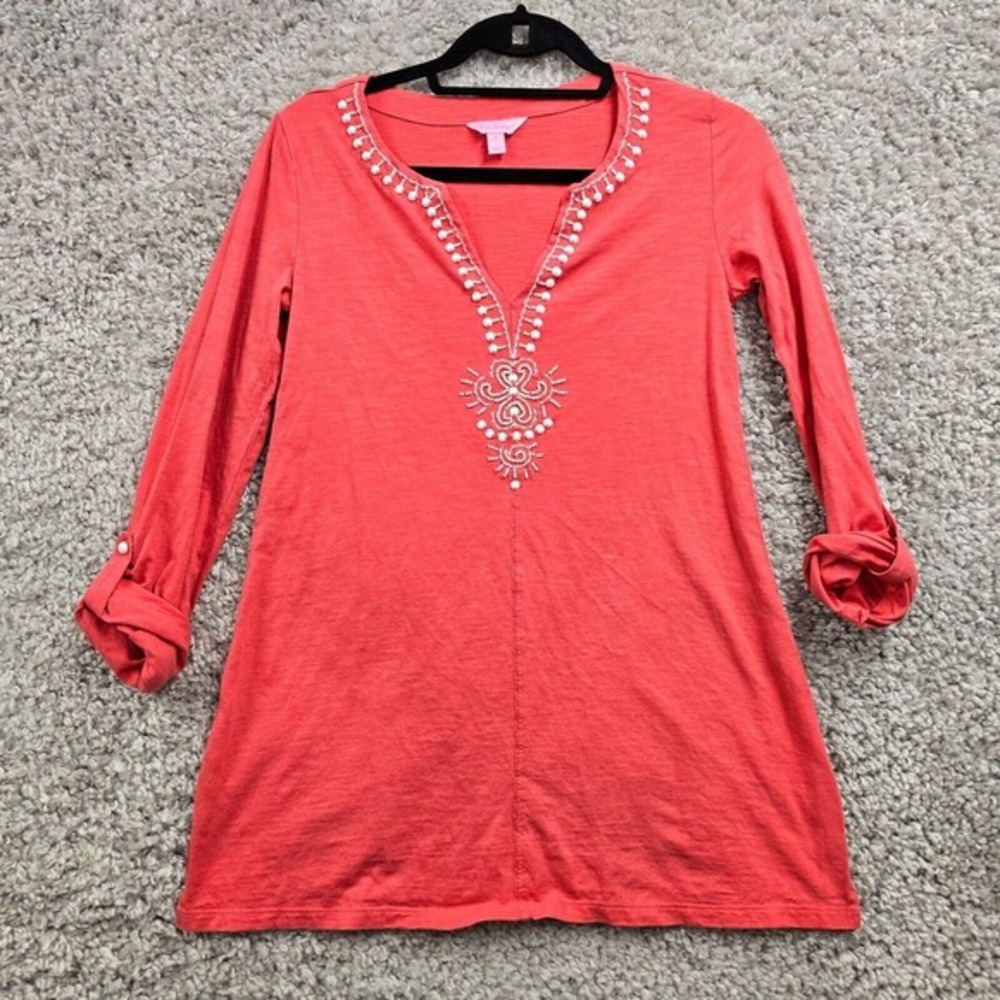 Lilly Pulitzer Tunic Women Size S Pink Beaded V-Neck Roll Tab Sleeve Boho